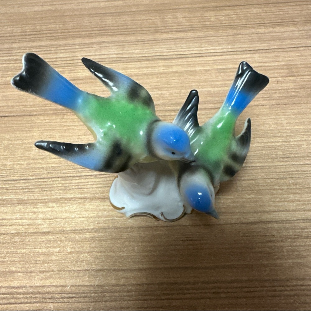 Antique Japanese Ceramic Bird Figurine with Green and Blue Accents